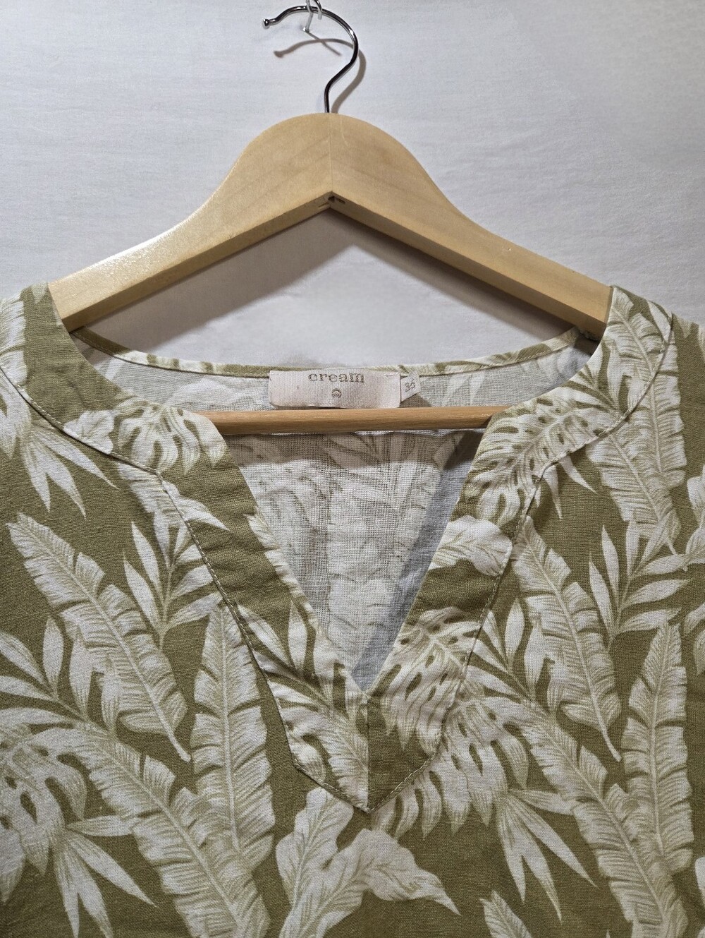 Linen Blend Tropical Tunic Euro Sz 36 Button Up Sleeve Split V Neck Cream - Picture 8 of 11
